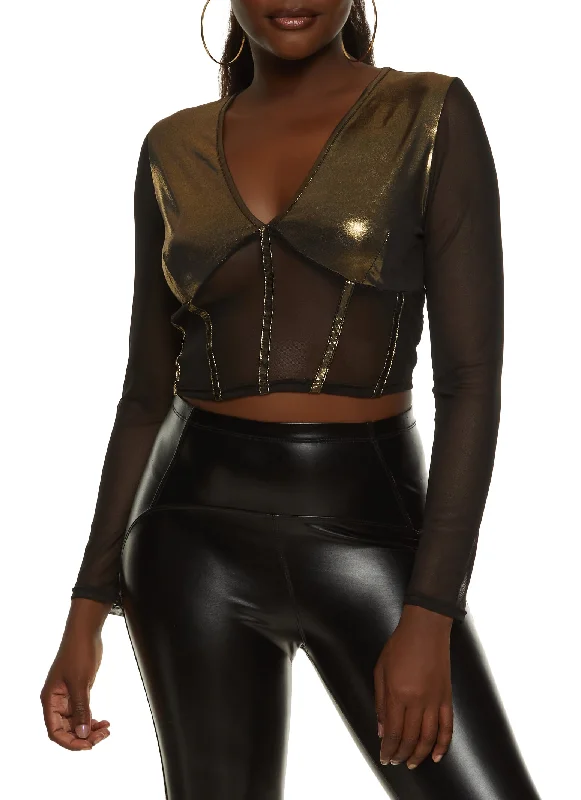 Foiled Mesh Detail Bustier Top