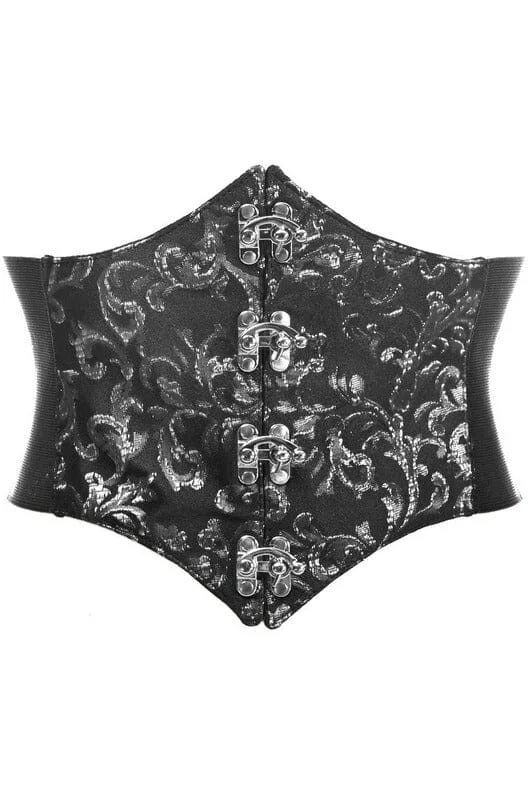 Lavish Black/Silver Swirl Brocade Corset Belt Cincher w/Clasps