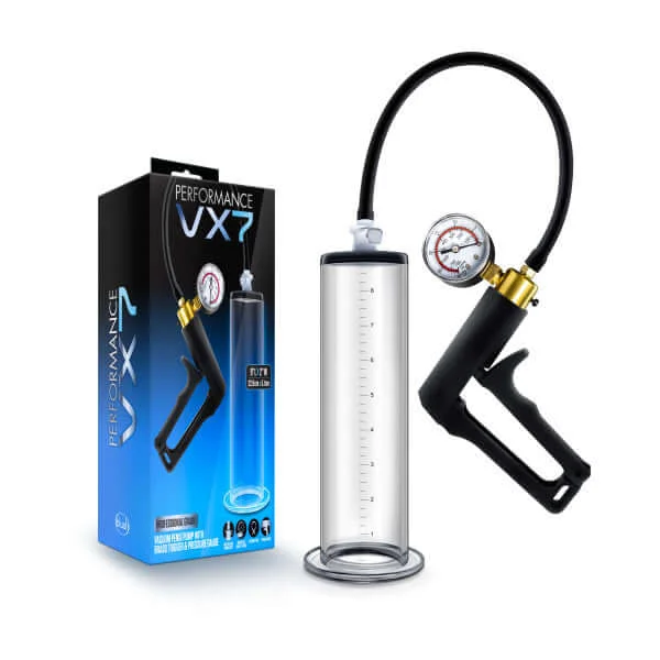 Performance VX7 Vacuum Penis Pump with Brass Trigger and Pressure Gauge Clear