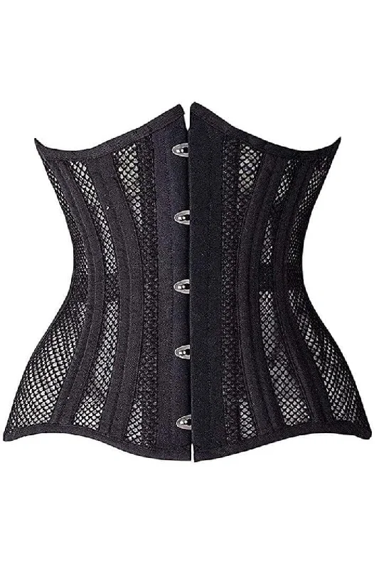 Top Drawer Black Fishnet Double Steel Boned Curvy Cut Waist Cincher Corset