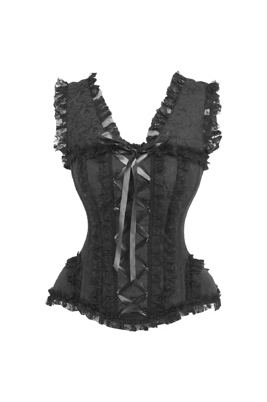 Top Drawer Black Brocade & Lace Steel Boned Corset w/Cap Sleeves