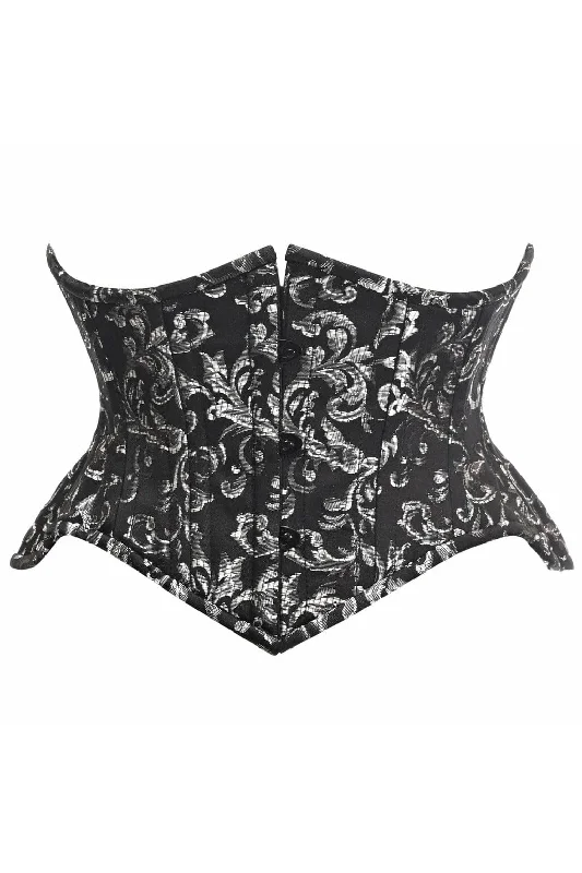 Top Drawer Black/Silver Brocade Double Steel Boned Mini Cincher Corset