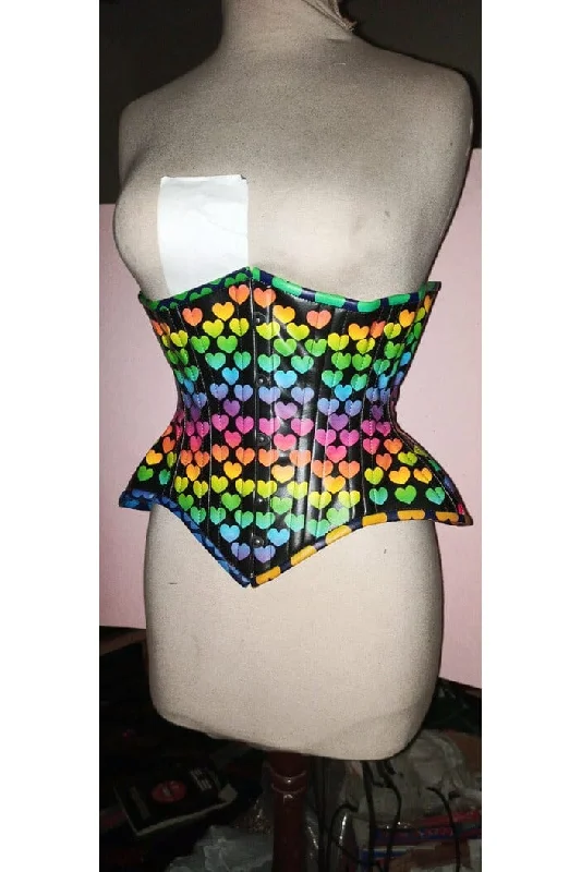 Top Drawer Rainbow Hearts Double Steel Boned Curvy Cut Underbust Cincher Corset