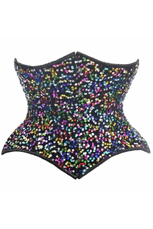 Top Drawer Rainbow Sequin Steel Boned Curvy Cut Waist Cincher Corset