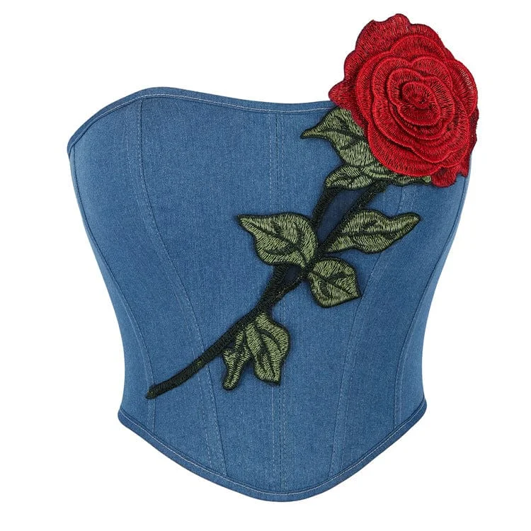 Women's Gothic Lace-up Embroidered Rose Overbust Corsets Blue