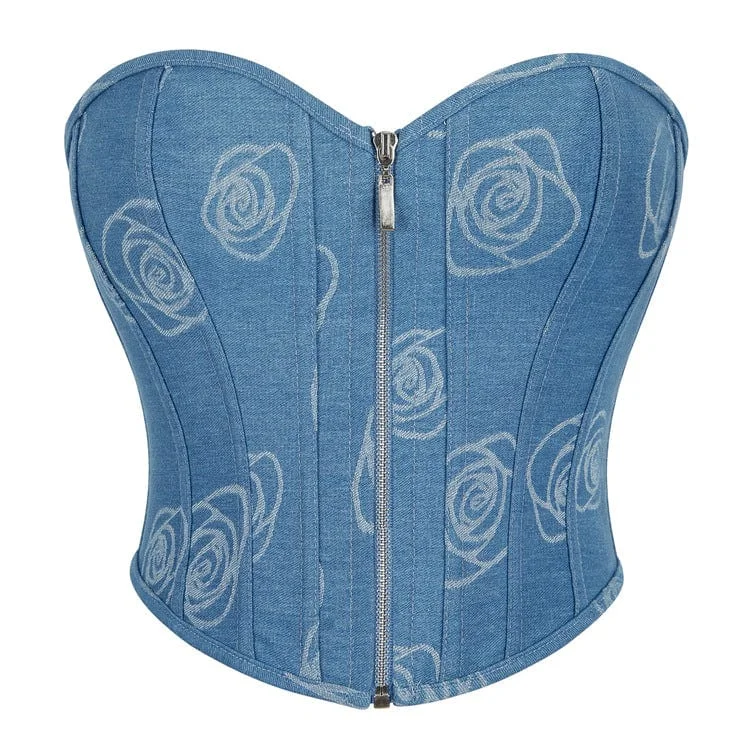 Women's Grunge Zipper Rose Denim Overbust Corset