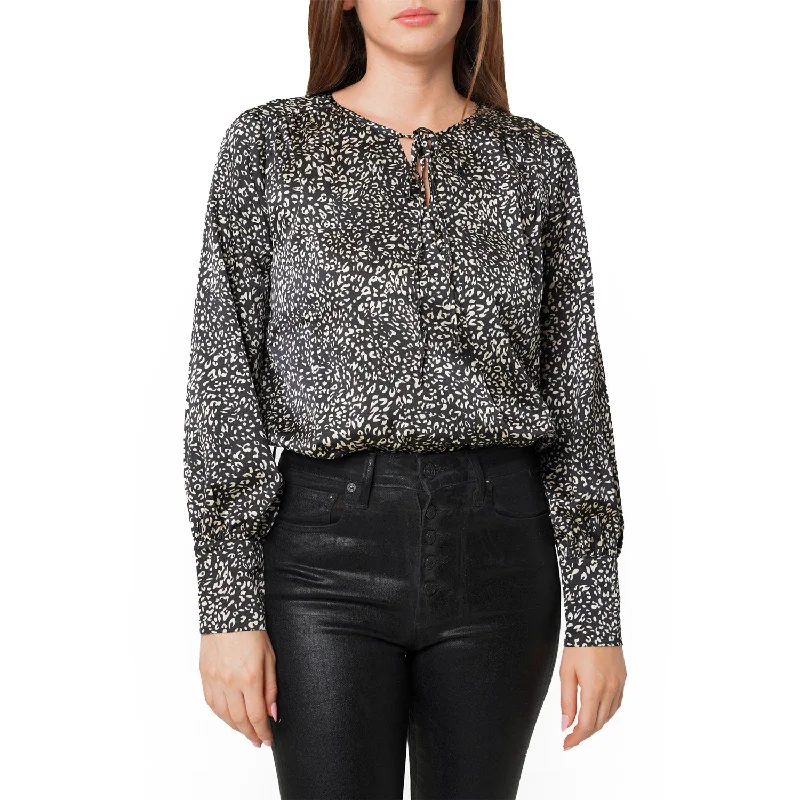 Women's Tie-neck Long Sleeve Bodysuit in Black Leopard