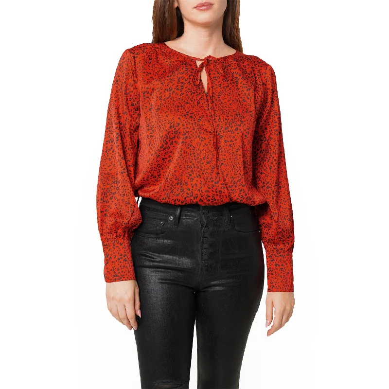 Women's Tie-neck Long Sleeve Bodysuit in Red Leopard