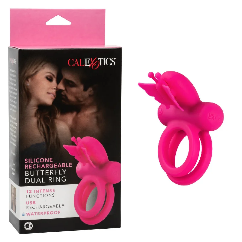 CaleXOtics SILICONE RECHARGEABLE BUTTERFLY DUAL RING Pink Vibrating Cock Ring