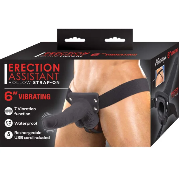 Erection Assistant 6 inch USB RECHARGEABLE HOLLOW STRAP-ON 6 inch VIBRATING Black