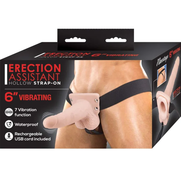 Erection Assistant 6 inch USB RECHARGEABLE HOLLOW STRAP-ON 6 inch VIBRATING Flesh