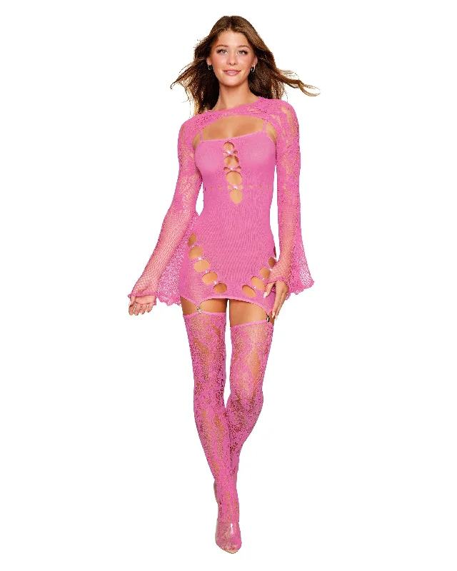 Fashionable pink fishnet dress with stockings