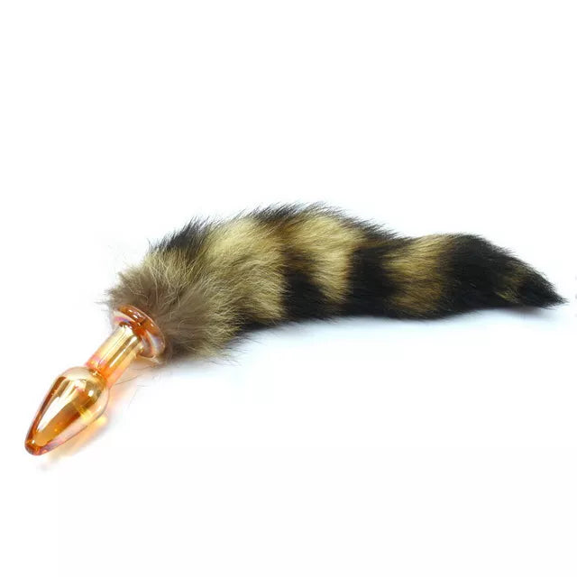 JOYGASMS Faux Fur FOX TAIL Brown Animal Print with 4 inch Glass Butt Plug