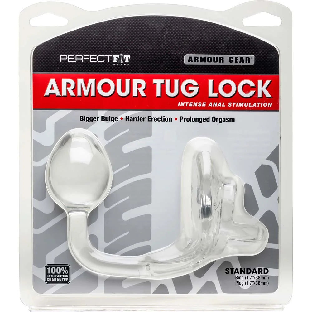 Perfect Fit Armour Tug Lock Hands Free Prostate Pleasure Cock Ring with Butt Plug Medium Clear