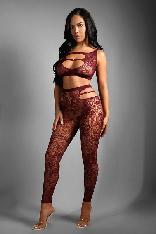 Sexy Burgundy Cutout Lace Net Top with Rhinestone Accent and Footless Open Crotch Tights