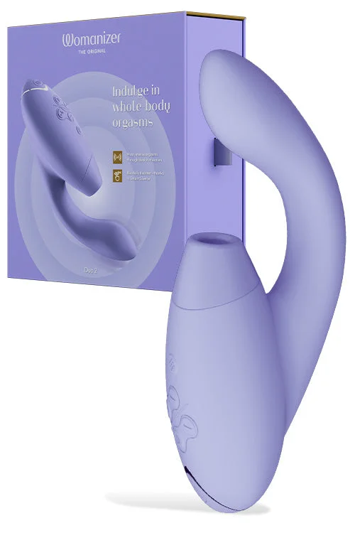 Womanizer DUO Two 8 inch G-Spot Rabbit Vibrator with Pleasure Air Clitoral Suction Stimulator Lilac Purple