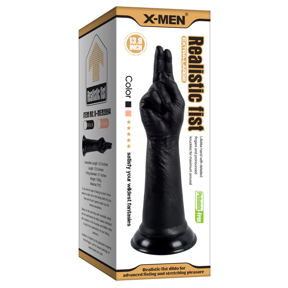 X-MEN Realistic Fist Extra Large Hand Dildo with Two Pointed Fingers Black